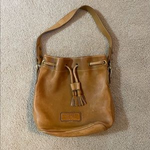 Dooney & Bourke. Tan, shoulder bag with string for closure